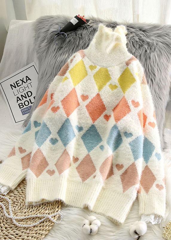 High Neck Beige Knitted Blouse Loose Fitting Geometry Knitted Top