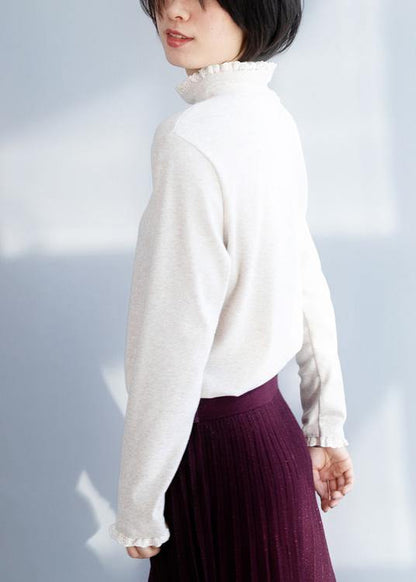 Women high neck beige knitwear Loose fitting  knitted t shirt