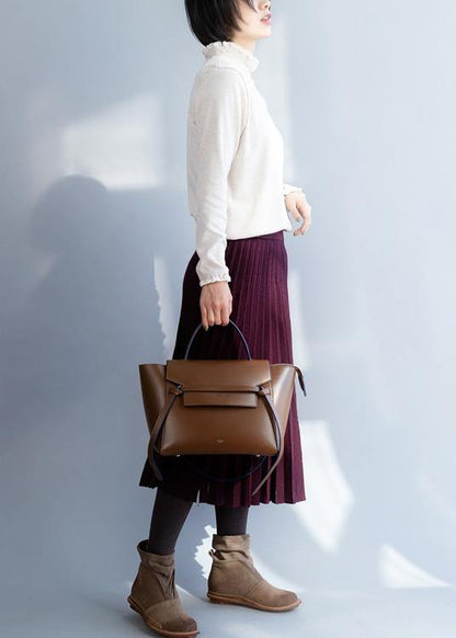 Women high neck beige knitwear Loose fitting  knitted t shirt