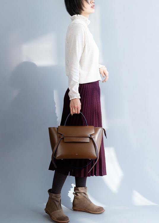 High Neck Beige Knitwear Loose Fitting Knitted T Shirt
