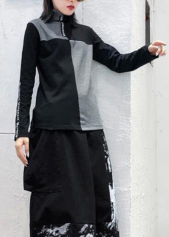 High Neck Cotton Tunic Neckline Black Patchwork Gray Top