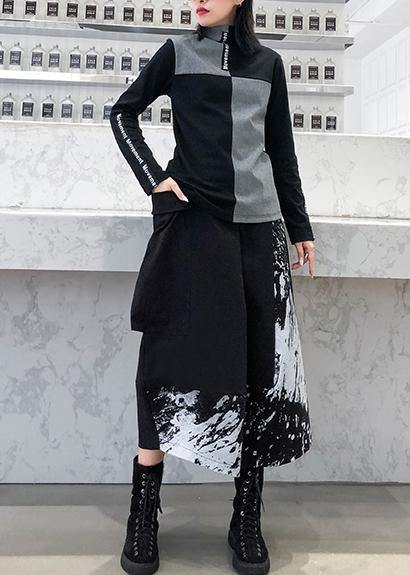 Women high neck cotton Tunic Neckline black patchwork gray top
