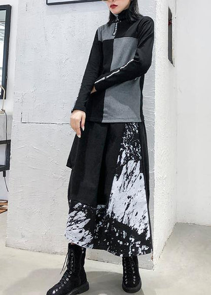 Women high neck cotton Tunic Neckline black patchwork gray top