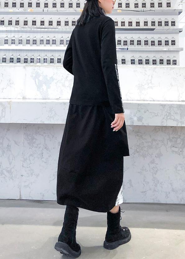 Women high neck cotton Tunic Neckline black patchwork gray top