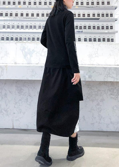 Women high neck cotton Tunic Neckline black patchwork gray top