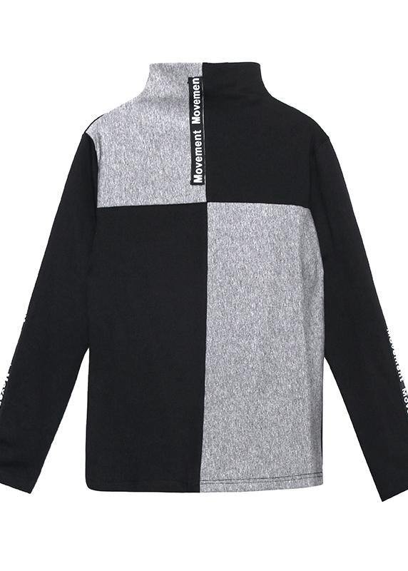 Women high neck cotton Tunic Neckline black patchwork gray top