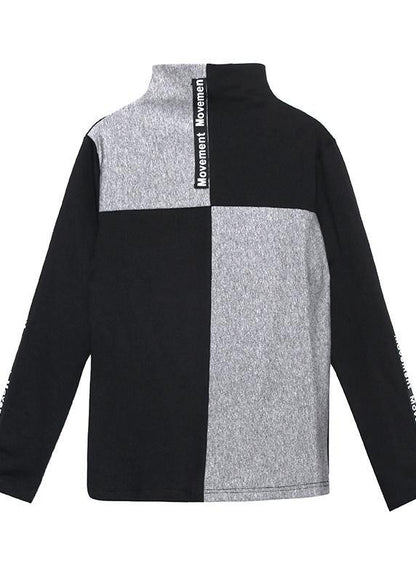 Women high neck cotton Tunic Neckline black patchwork gray top