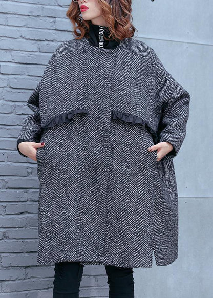 High Neck Pockets Fine Clothes Gray Striped Dresses Coat