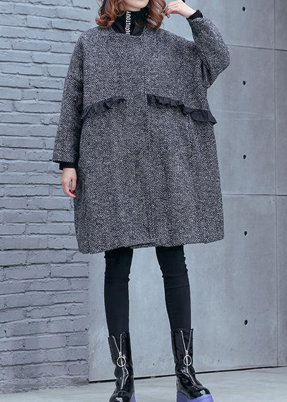 High Neck Pockets Fine Clothes Gray Striped Dresses Coat