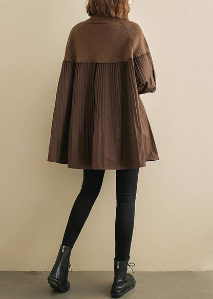 Women high neck Cinched cotton tunic pattern chocolate plaid tops