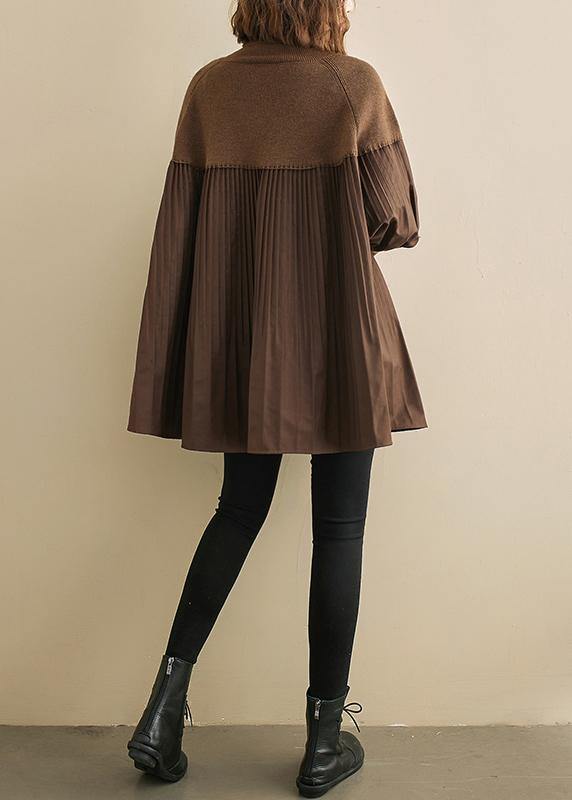 High Neck Cinched Cotton Tunic Pattern Chocolate Plaid Tops