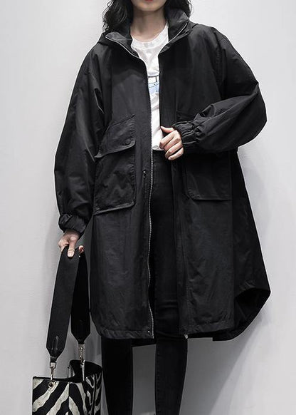 Hooded Ruffles Pockets Trench Coat Black Oversized Outwear