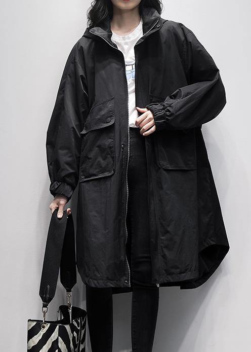 Hooded Ruffles Pockets Trench Coat Black Oversized Outwear