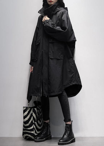 Hooded Ruffles Pockets Trench Coat Black Oversized Outwear