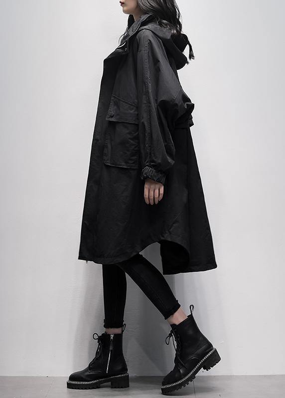 Hooded Ruffles Pockets Trench Coat Black Oversized Outwear