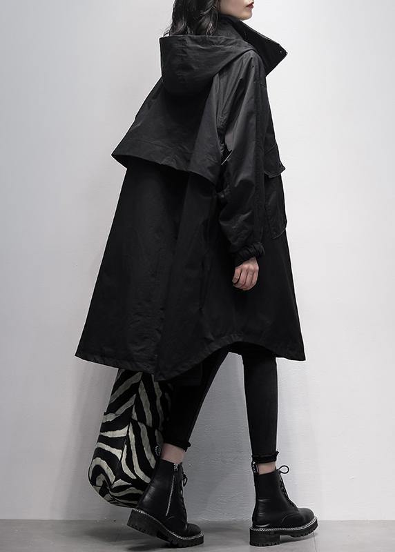 Hooded Ruffles Pockets Trench Coat Black Oversized Outwear