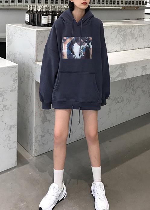 Women hooded cotton thick pullover Tutorials blue blouses