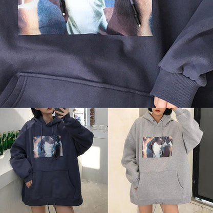 Women hooded cotton thick pullover Tutorials blue blouses