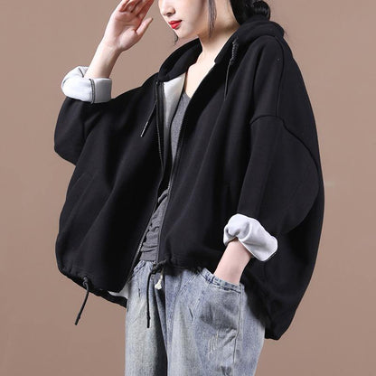Hooded Drawstring Fine Fall Coats Black Loose Jackets