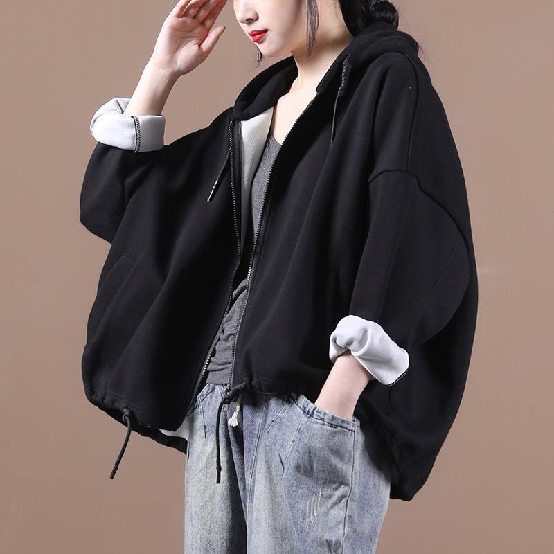 Hooded Drawstring Fine Fall Coats Black Loose Jackets