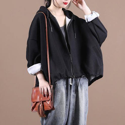 Hooded Drawstring Fine Fall Coats Black Loose Jackets