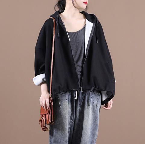 Hooded Drawstring Fine Fall Coats Black Loose Jackets