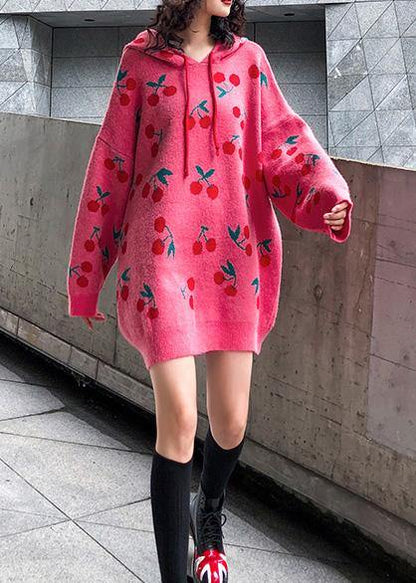 Hooded Drawstring Sweater Dresses Street Style Pink Cherry Print Mujer Sweater Dress