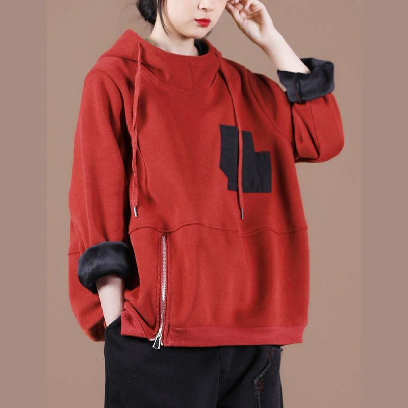 Hooded Patchwork Clothes for Work Outfits Red Thick Shirt