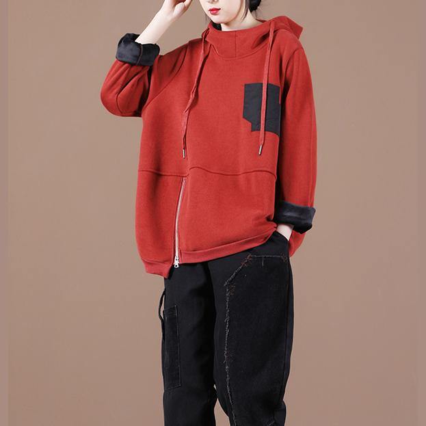 Women hooded patchwork clothes For Women Work Outfits red thick shirt