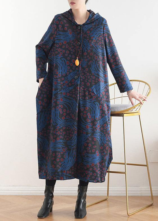 Hooded Patchwork Fine Coat for Woman Blue Print Tunic Coats Fall