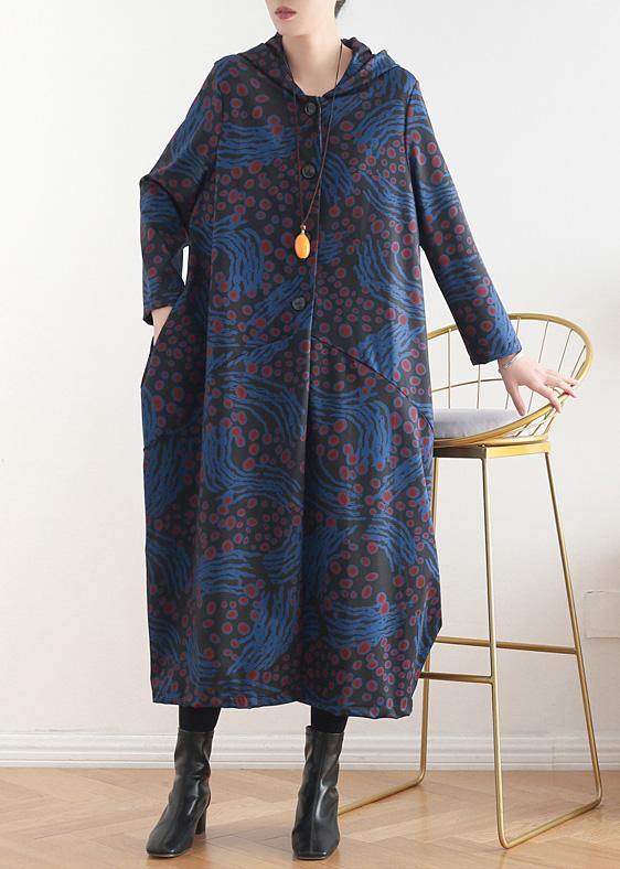 Hooded Patchwork Fine Coat for Woman Blue Print Tunic Coats Fall