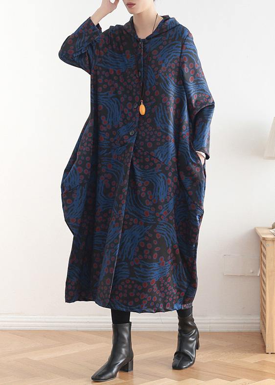 Hooded Patchwork Fine Coat for Woman Blue Print Tunic Coats Fall