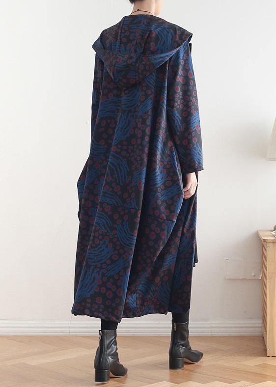 Hooded Patchwork Fine Coat for Woman Blue Print Tunic Coats Fall
