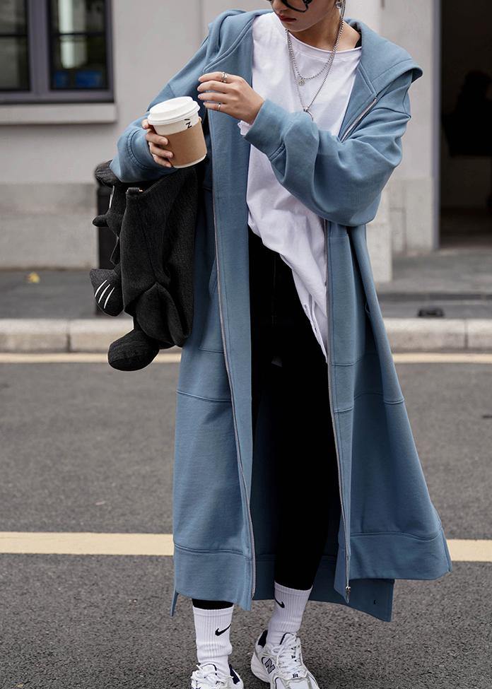 Hooded Side Open Coats Blue Daily Coats