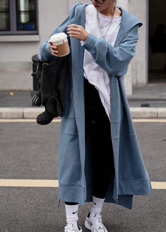 Hooded Side Open Coats Blue Daily Coats