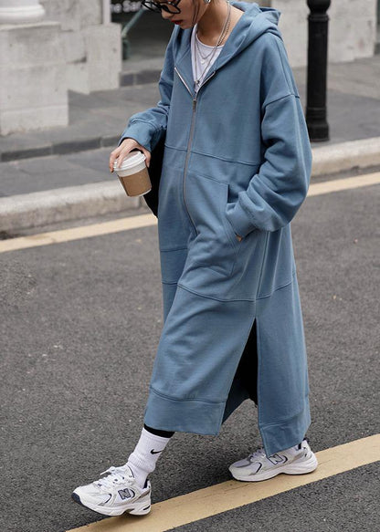 Hooded Side Open Coats Blue Daily Coats