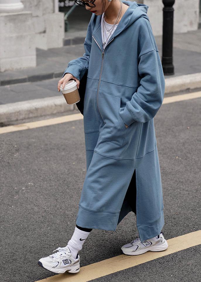 Hooded Side Open Coats Blue Daily Coats