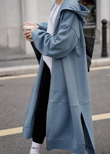 Hooded Side Open Coats Blue Daily Coats