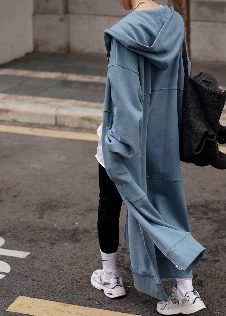 Hooded Side Open Coats Blue Daily Coats