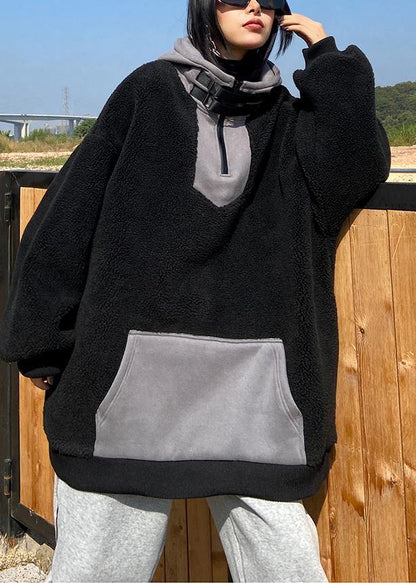 Hooded Zippered Spring Clothes Black Fuzzy Wool Tops