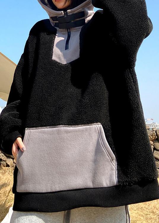 Women hooded zippered spring clothes black fuzzy wool tops