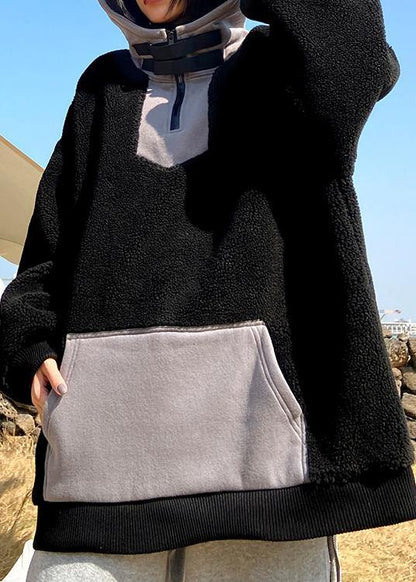 Women hooded zippered spring clothes black fuzzy wool tops