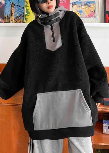 Hooded Zippered Spring Clothes Black Fuzzy Wool Tops