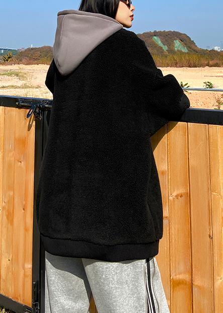 Hooded Zippered Spring Clothes Black Fuzzy Wool Tops