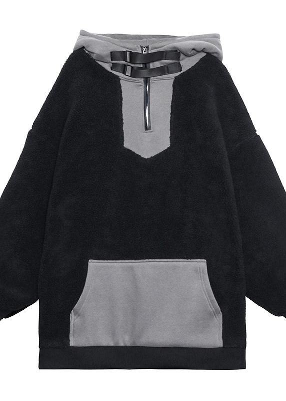 Women hooded zippered spring clothes black fuzzy wool tops