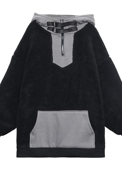 Hooded Zippered Spring Clothes Black Fuzzy Wool Tops