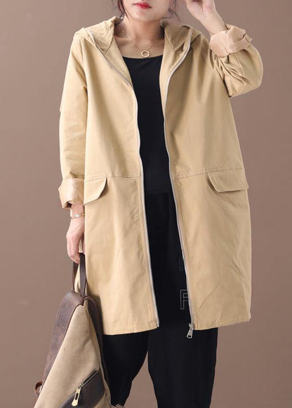 Khaki Trench Coat Work Hooded Zippered Fall Coat