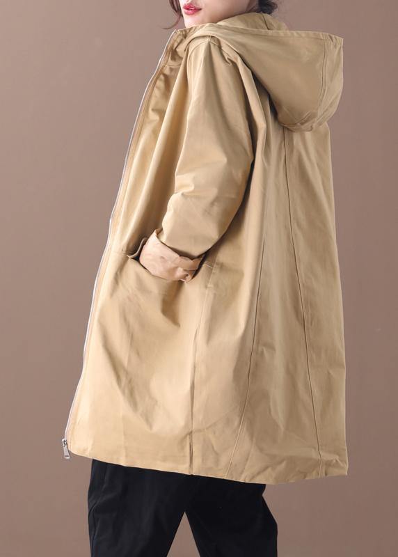 Khaki Trench Coat Work Hooded Zippered Fall Coat