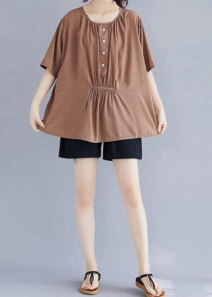 Khaki Cotton Clothes O Neck Half Sleeve Box Summer Top
