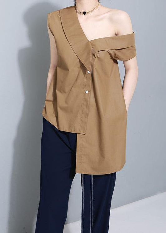 Khaki Cotton Clothes Tie Waist Art Summer Asymmetric Off the Shoulder Shirt
